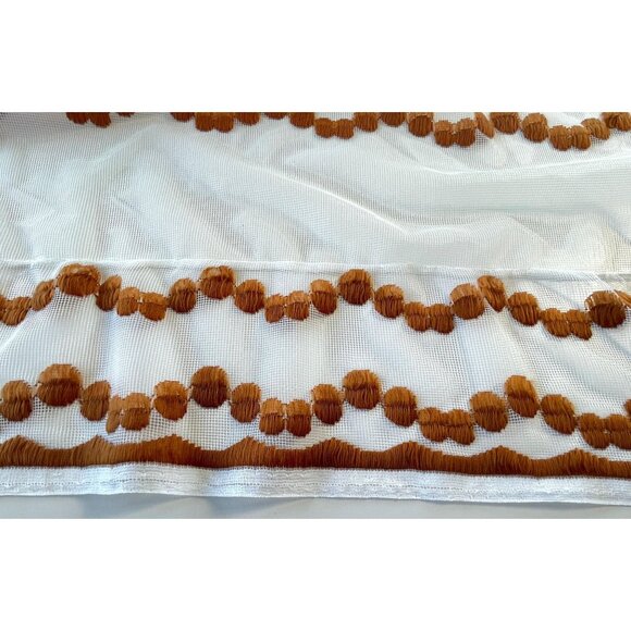 Vintage 70s curtain, tan, rust floral & dots embroidered pattern, sheer panel - Picture 7 of 10